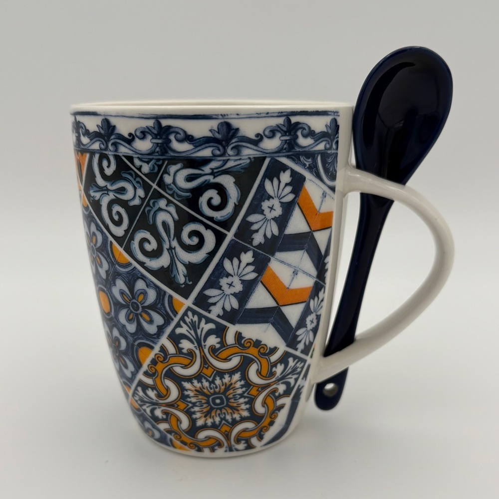 Portuguese Blue and Gold/Orange Ceramic Tile Mug with Spoon